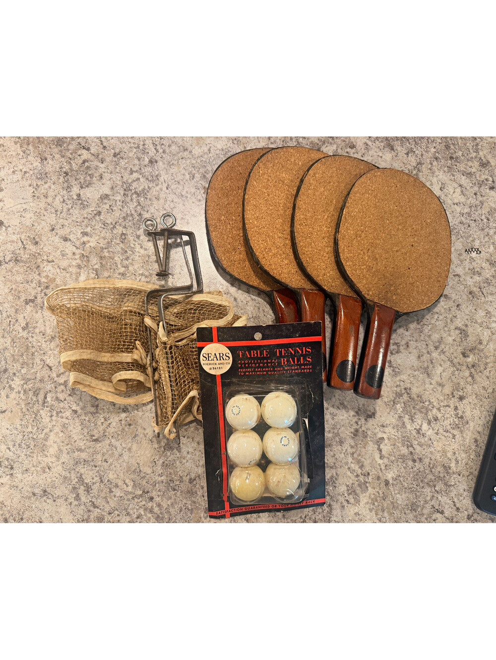 Vintage Sears Table Tennis Set 4 Cork Paddles Net & Sealed Balls 2612